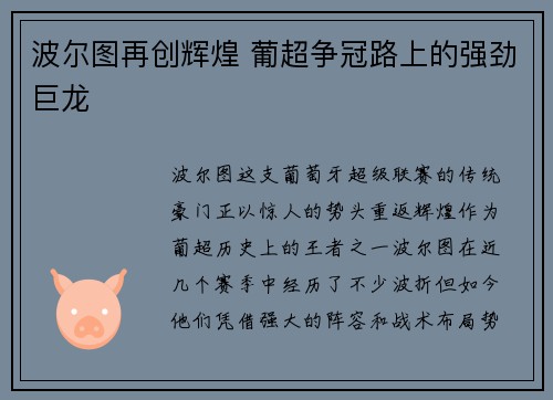 波尔图再创辉煌 葡超争冠路上的强劲巨龙