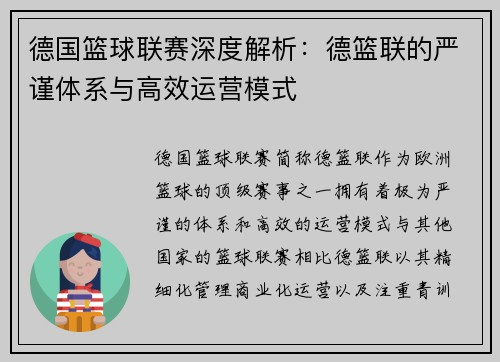 德国篮球联赛深度解析：德篮联的严谨体系与高效运营模式