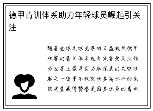 德甲青训体系助力年轻球员崛起引关注