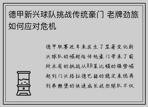 德甲新兴球队挑战传统豪门 老牌劲旅如何应对危机