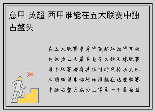 意甲 英超 西甲谁能在五大联赛中独占鳌头